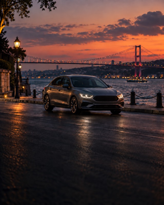 A car by the Bosphorus with the bridge behind it.