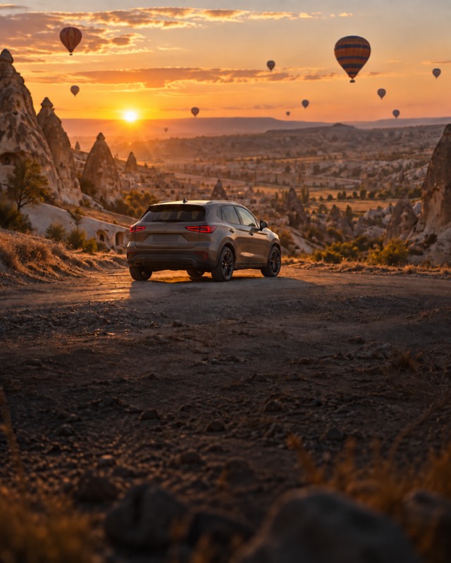 A car in Cappadocia with hot-air balloons in the sky.