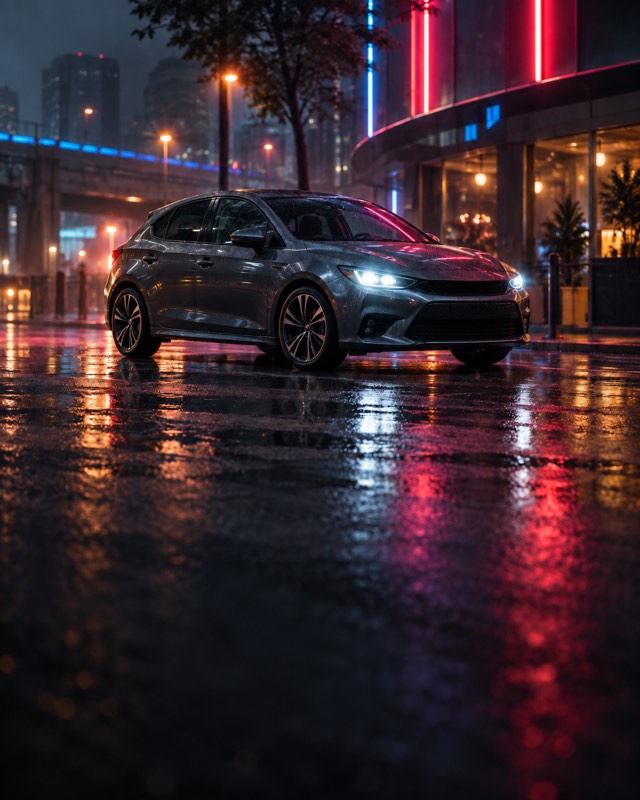 A car on a rain-wet street under neon signs at night.